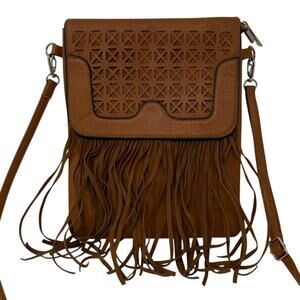 Western Fringe Crossbody Bag Brown Tooled Faux Leather Boho Adjustable Strap